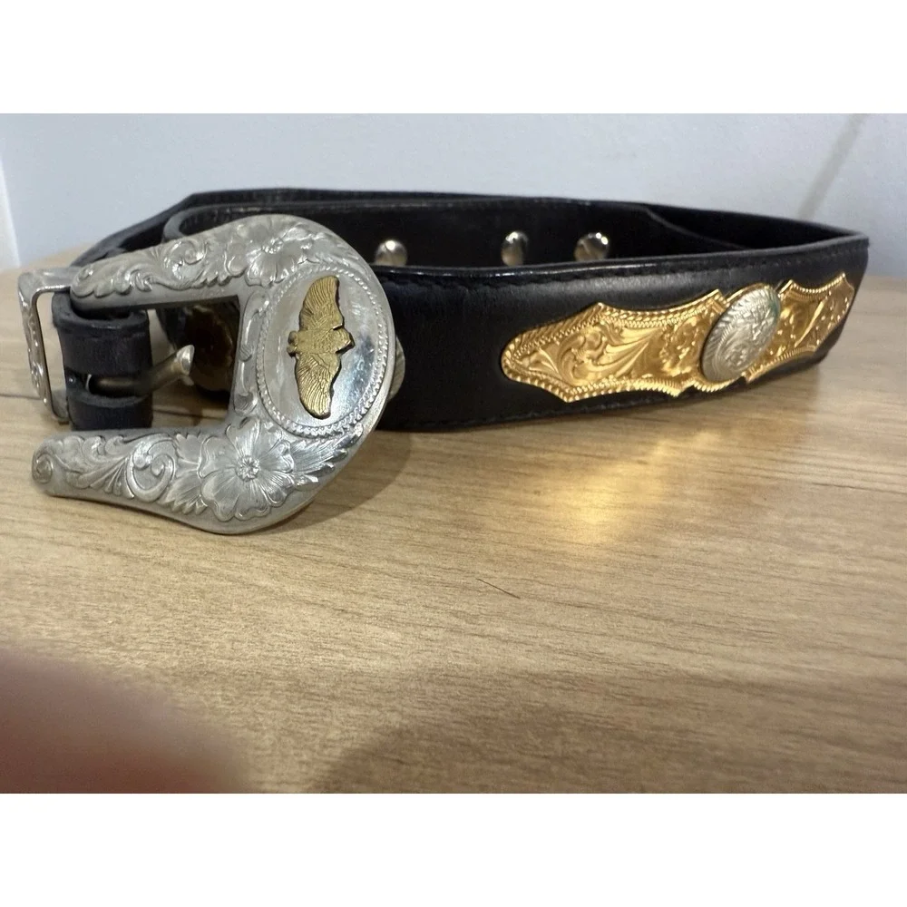 Western Cowgirl Black Leather‎ Belt Concho Heart German Silver Big Al's 38